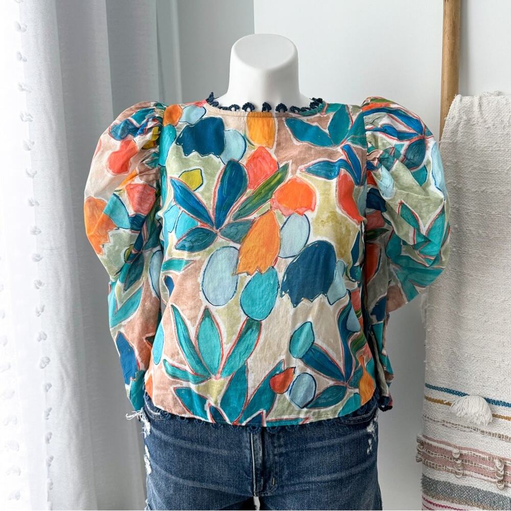 Nic + Zoe Citrus Grove Floral Watercolor Cotton Long Puff Sleeves Blouse Medium